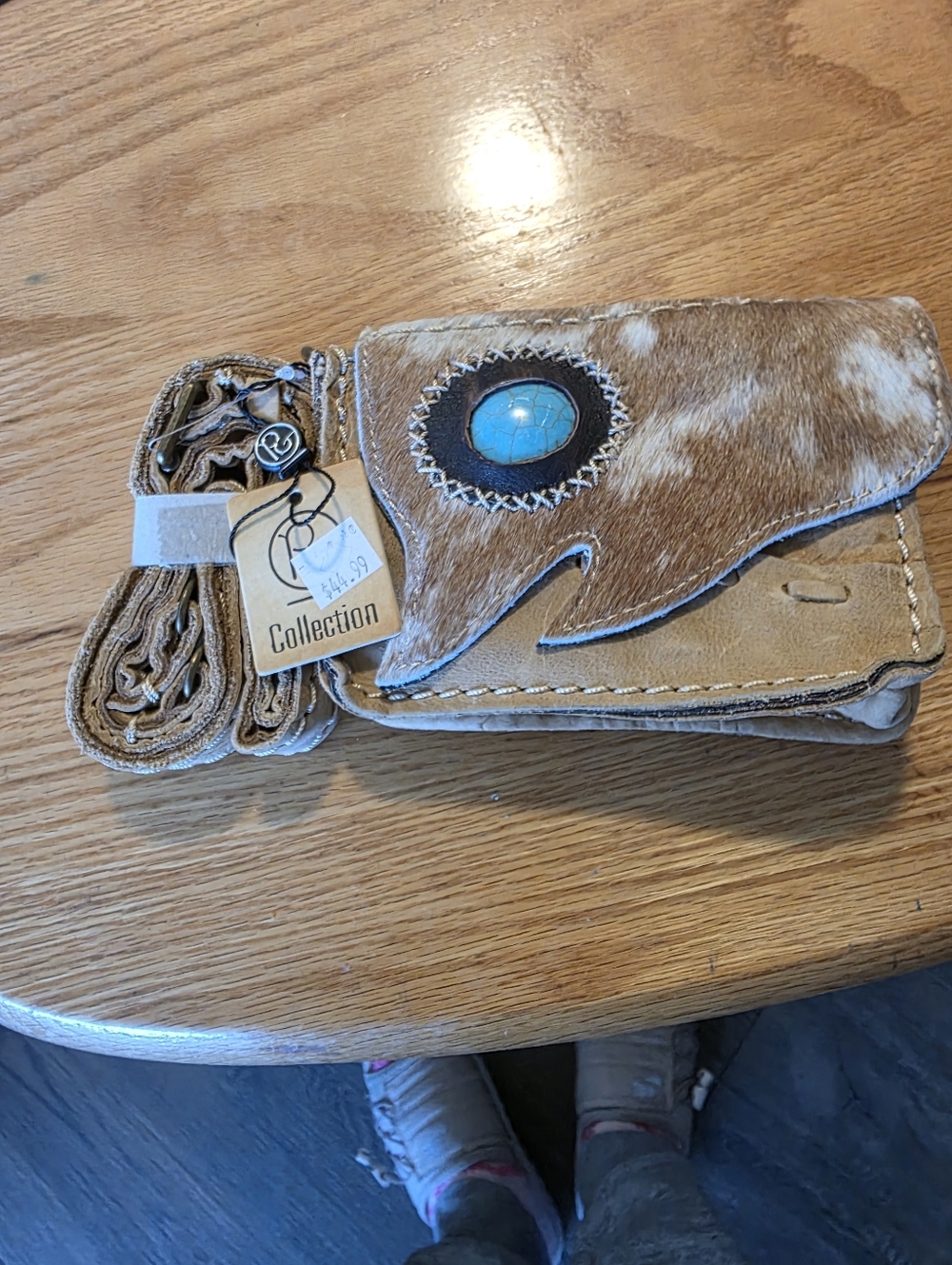Cowhide Crossbody Bag with Turquoise Accent